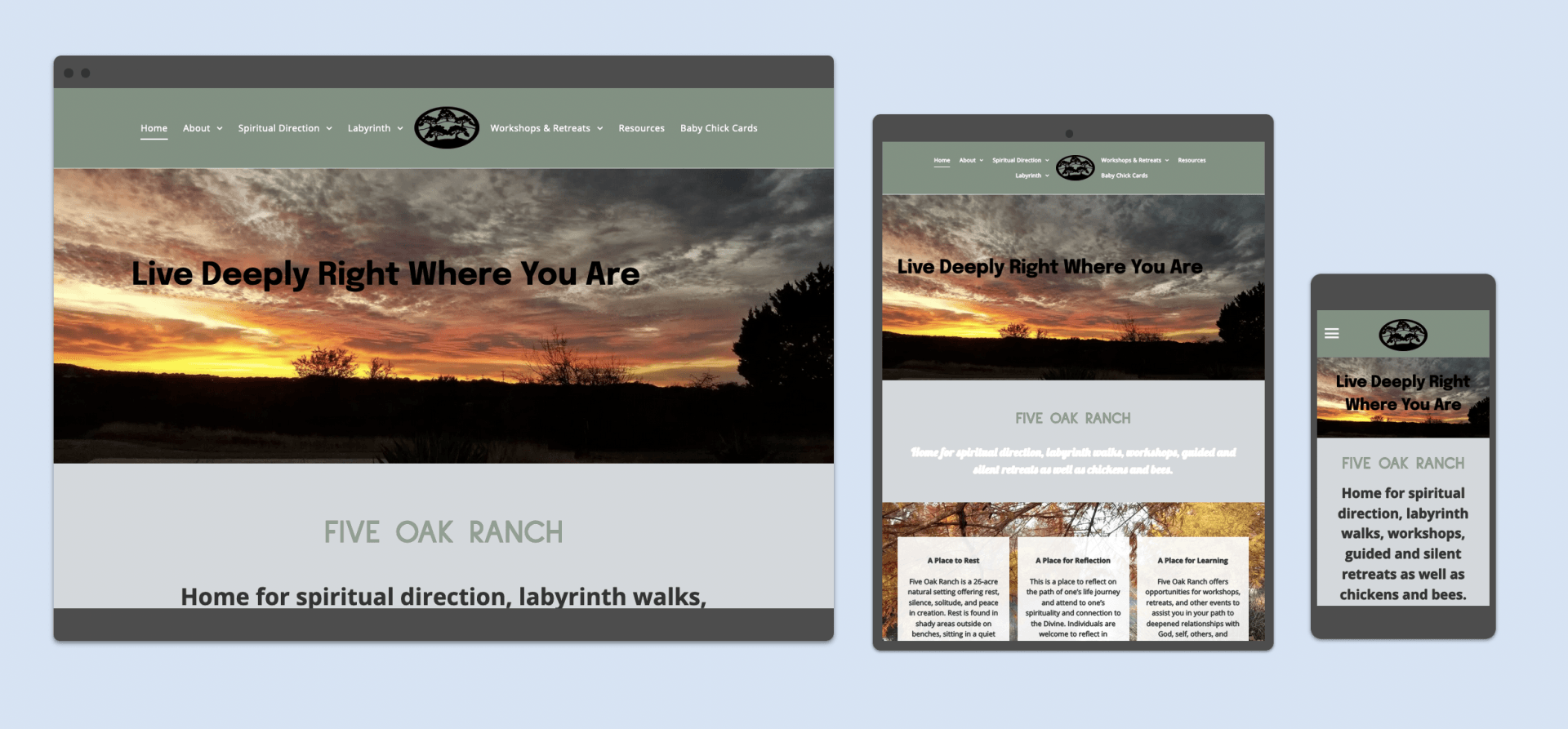 A website for five oak ranch is shown on a computer , tablet , and cell phone.