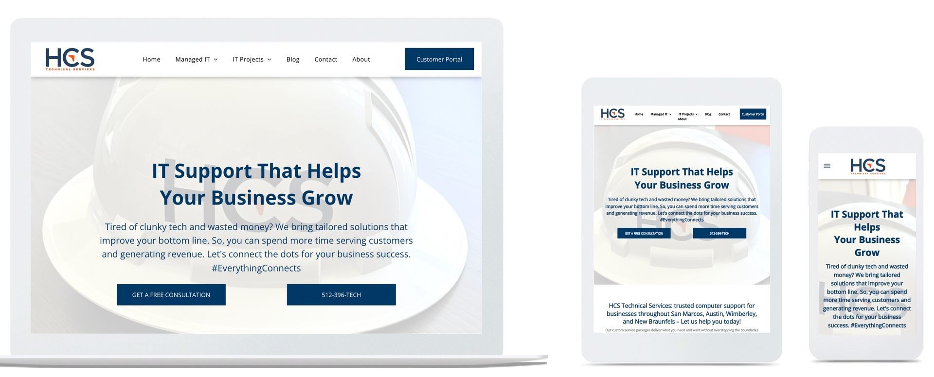 A laptop , tablet , and cell phone displaying a website.