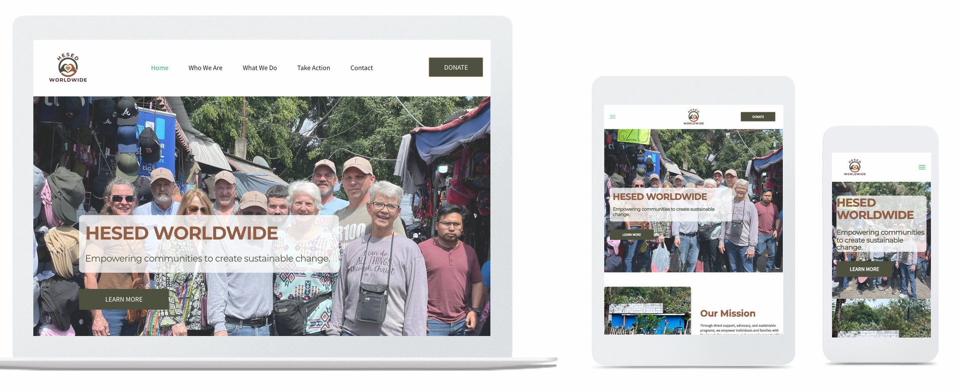 Website design, displayed on a laptop, tablet, and phone. The website's theme is a group photo with the text 