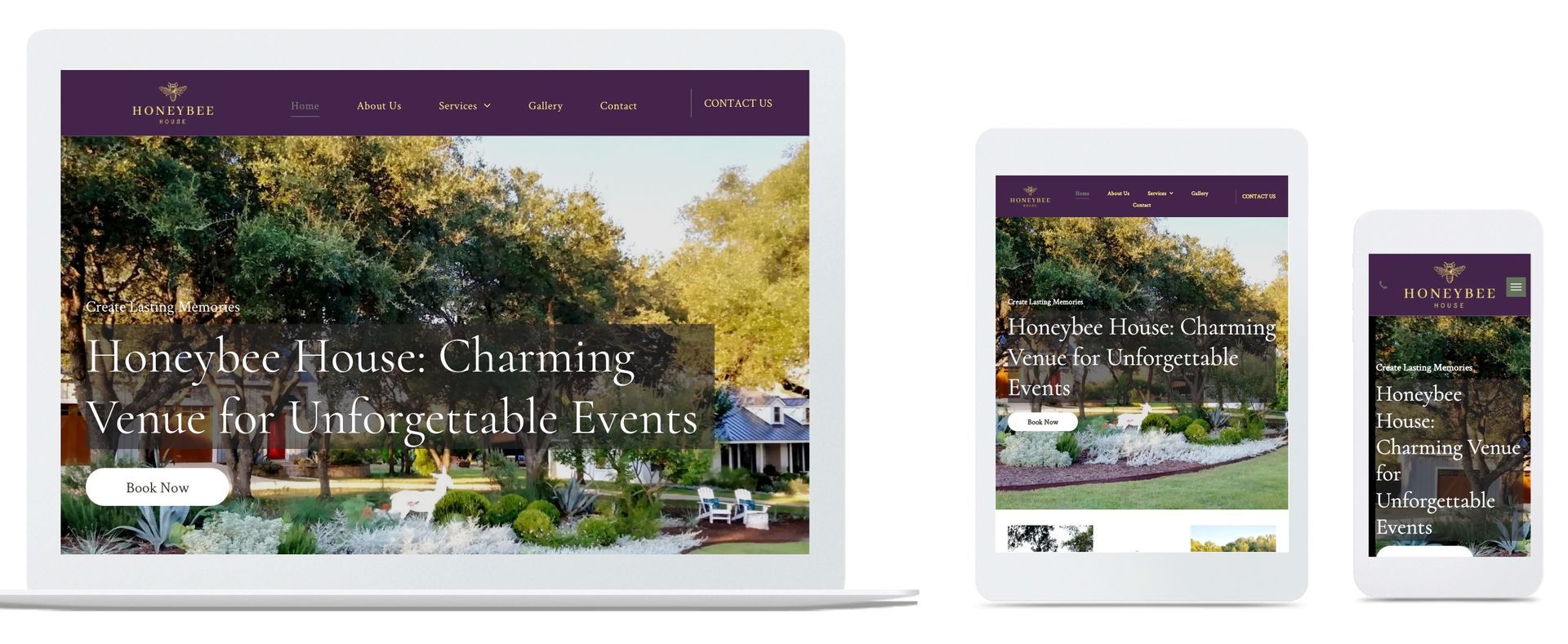A website is displayed on a laptop , tablet , and cell phone.