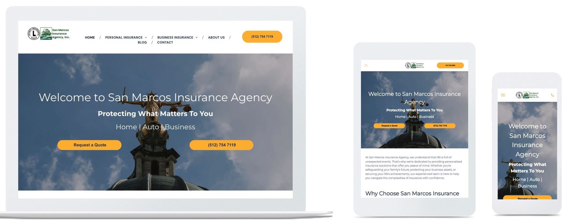 A laptop , tablet , and cell phone displaying a website.