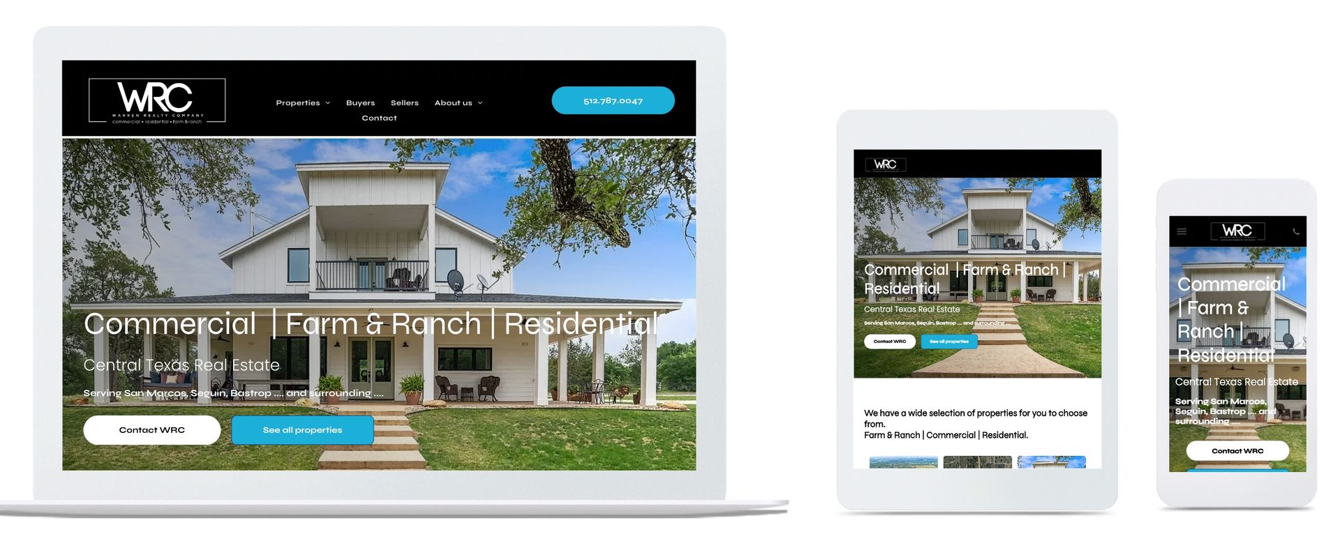 A laptop , tablet , and cell phone showing a house on a website.