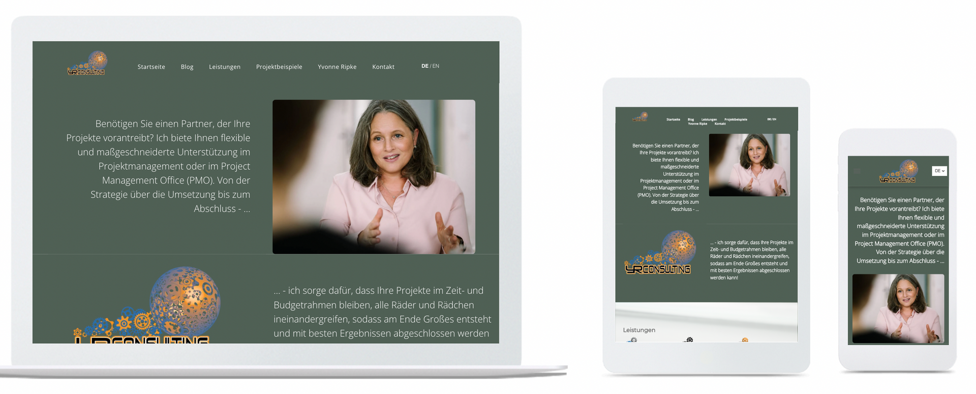 Website design showcasing a woman on a laptop, tablet, and phone in a greenish-brown theme.