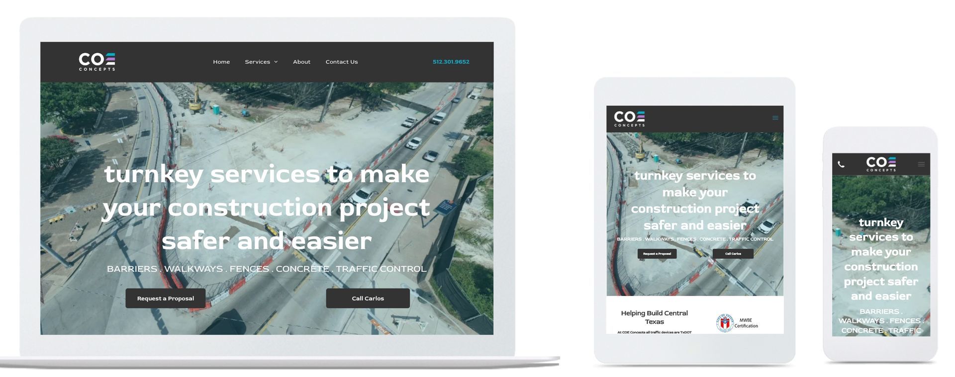 A laptop , tablet , and cell phone displaying a website.