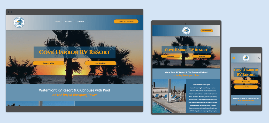A website is displayed on a computer , tablet , and cell phone.