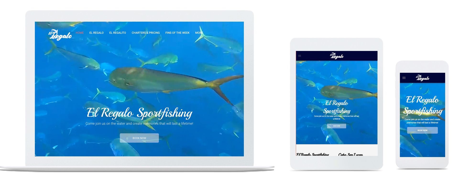 A laptop , tablet , and cell phone with a fish on the screen.