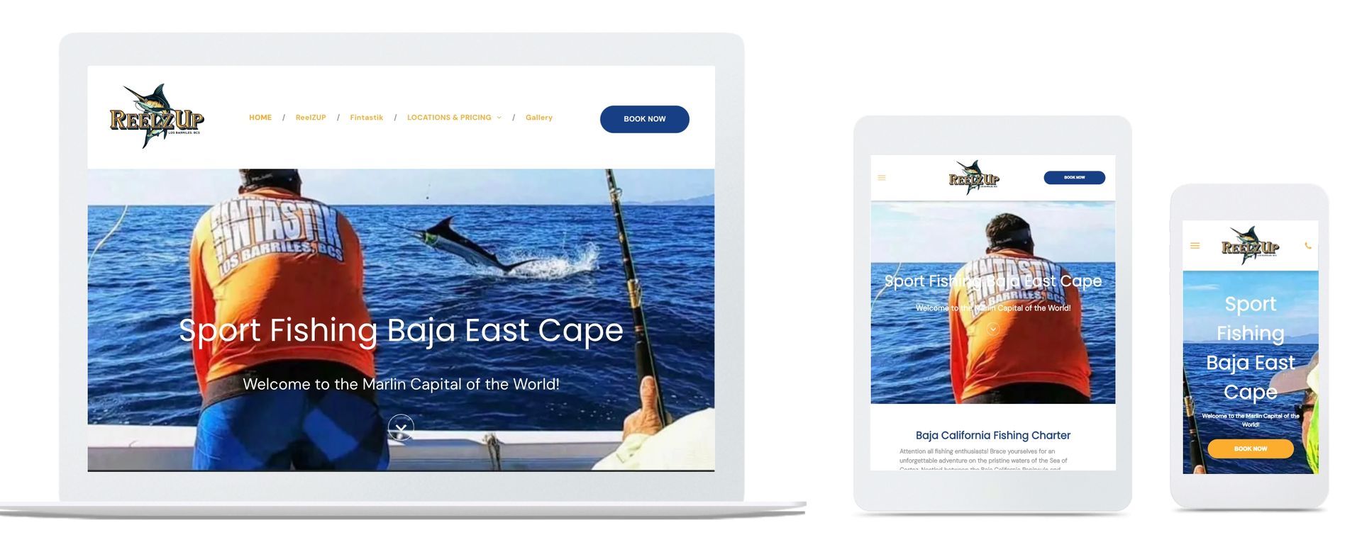 A man is fishing in the ocean on a laptop , tablet , and cell phone.