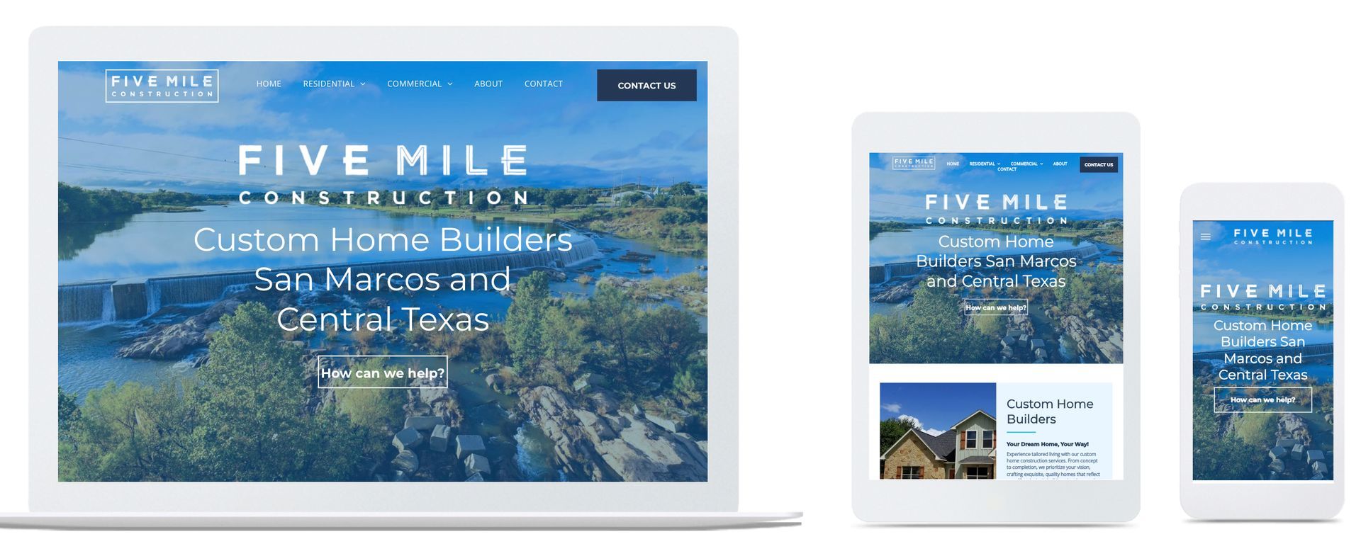 A laptop , tablet , and cell phone showing a website for five mile construction.