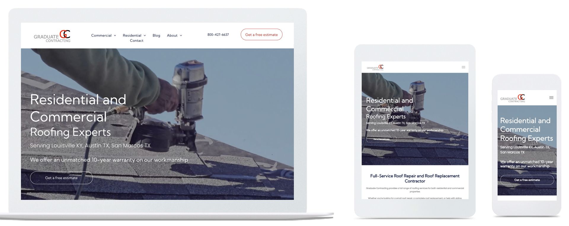 A man is working on a roof on a laptop , tablet , and cell phone.