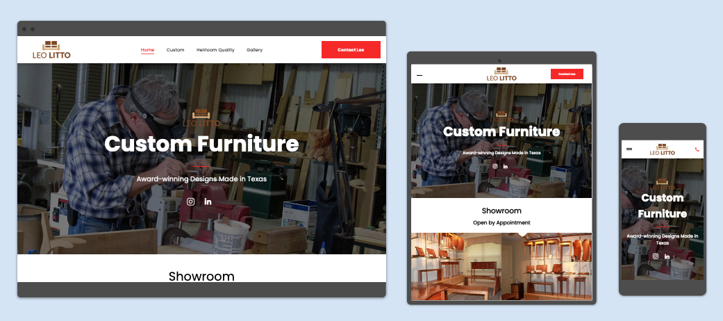 A man is working on a piece of furniture on a tablet and phone.