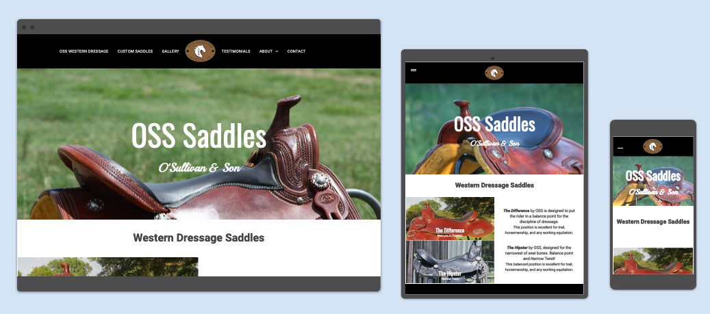 A website for oss saddles is displayed on a computer , tablet , and cell phone.