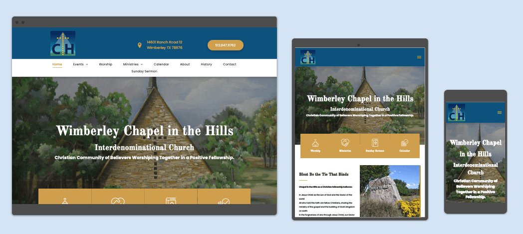 A website is displayed on a computer , tablet , and phone.