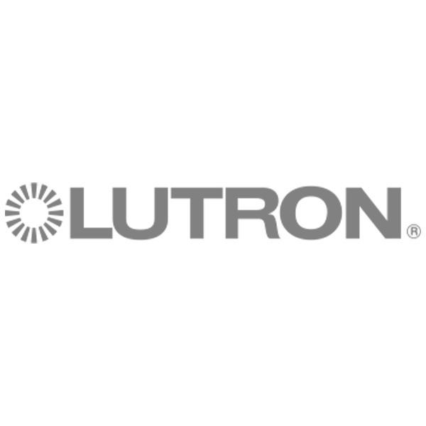 Lutron logo: grey text and a sunburst icon on a white background.