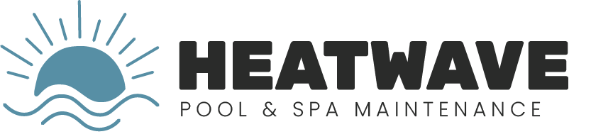 Logo for Heatwave pool and spa maintenance, featuring sun and waves in teal, with bold black text.