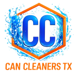 Blue CC logo inside orange hexagon with water splash, text: Can Cleaners TX