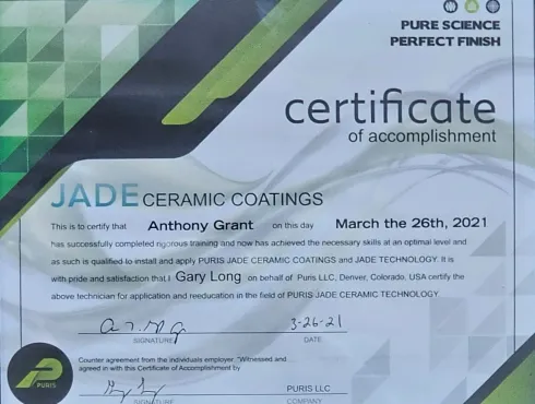 Certificate of accomplishment for Anthony Grant, issued March 26, 2021, by Jade Ceramic Coatings for coating application.