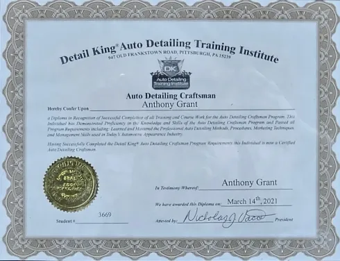 Detail King Auto Detailing Training Institute certificate awarded to Anthony Grant for Auto Detailing Craftsman, 2023.