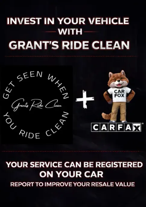 An ad for Grant’s Ride Clean and Carfax, stating that service history can be reported to improve vehicle resale value.