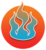 A circle with a flame inside of it on a white background.
