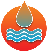 A drop of water and waves in an orange circle.