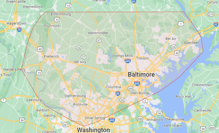 A map of baltimore , washington and surrounding areas.