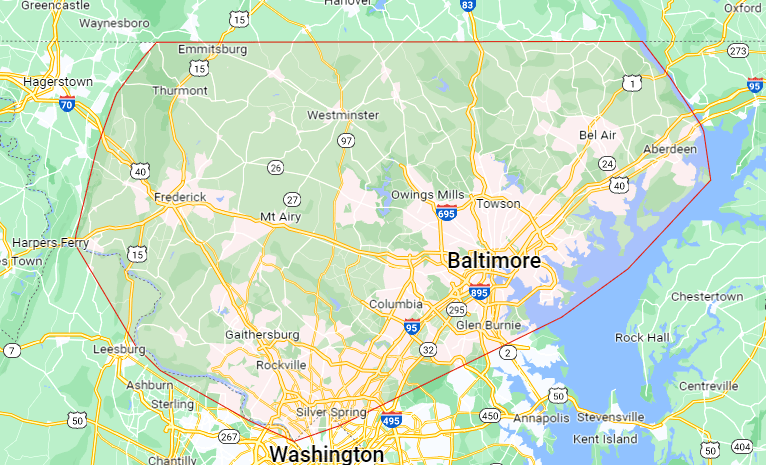 A map of baltimore , washington and surrounding areas.