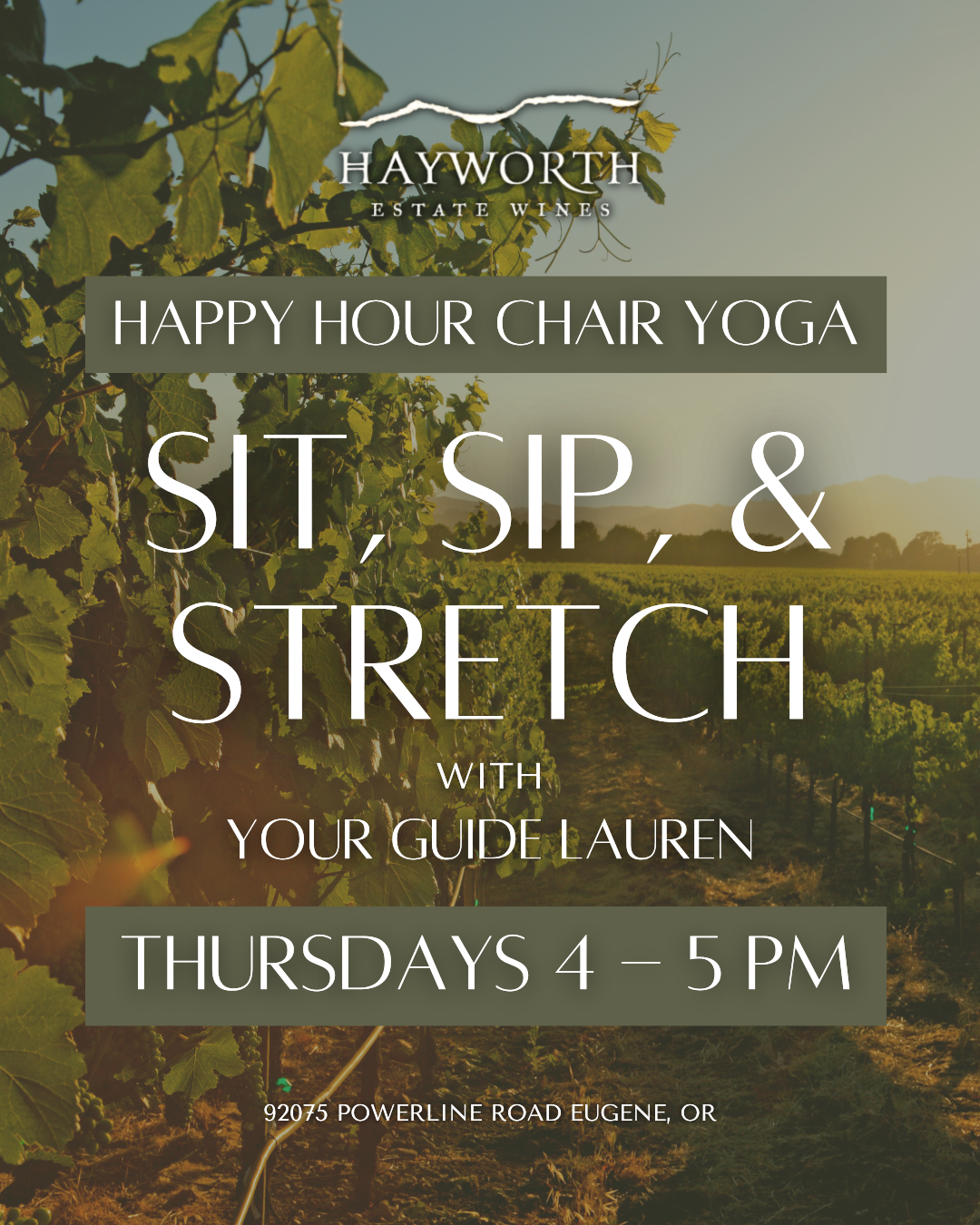 Group enjoying chair yoga in a sunny vineyard setting with wine glasses in hand at Hayworth Estate 