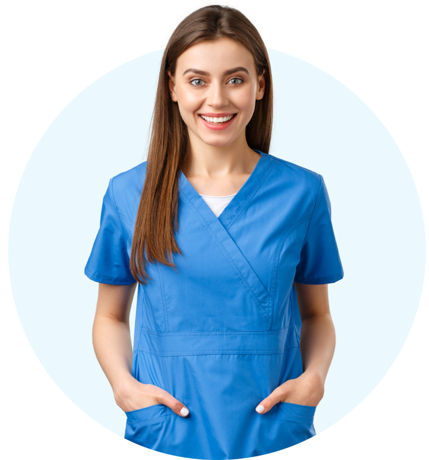 a woman in a blue scrub is smiling with her hands in her pockets .