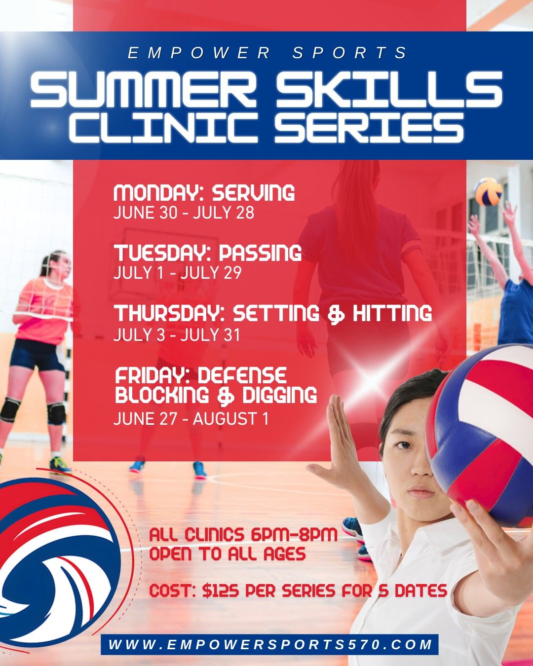 A poster for a summer skills clinic series with a girl holding a volleyball.