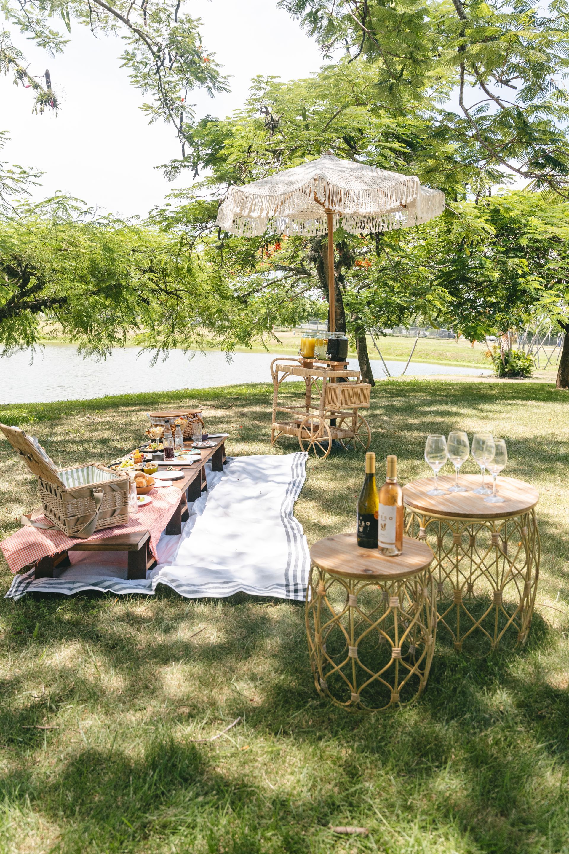 Um piquenique ao ar livre em um parque, com mesa baixa, tapete, cesta, bebidas e mesinhas com taças de vinho. Um guarda-sol proporciona sombra.