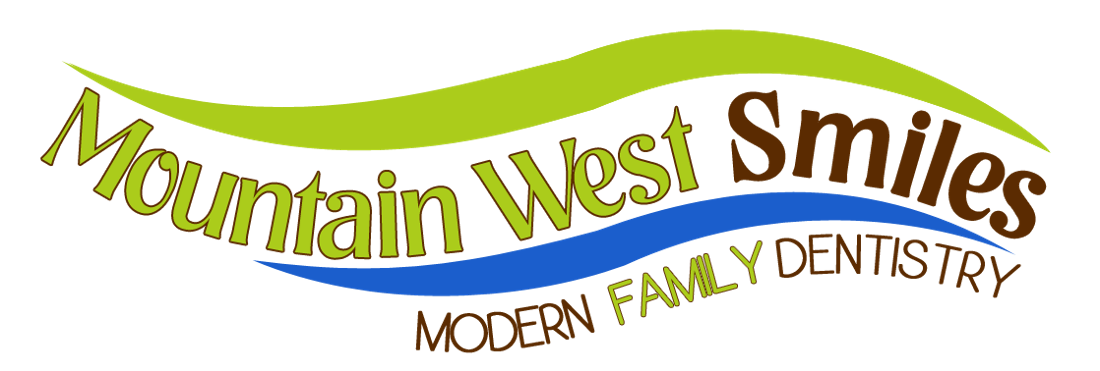 Logo for Mountain West Smiles, a dental practice, with green and blue wavy lines and text.