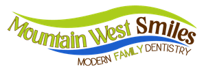 Logo for Mountain West Smiles, a dental practice, with green and blue wavy lines and text.
