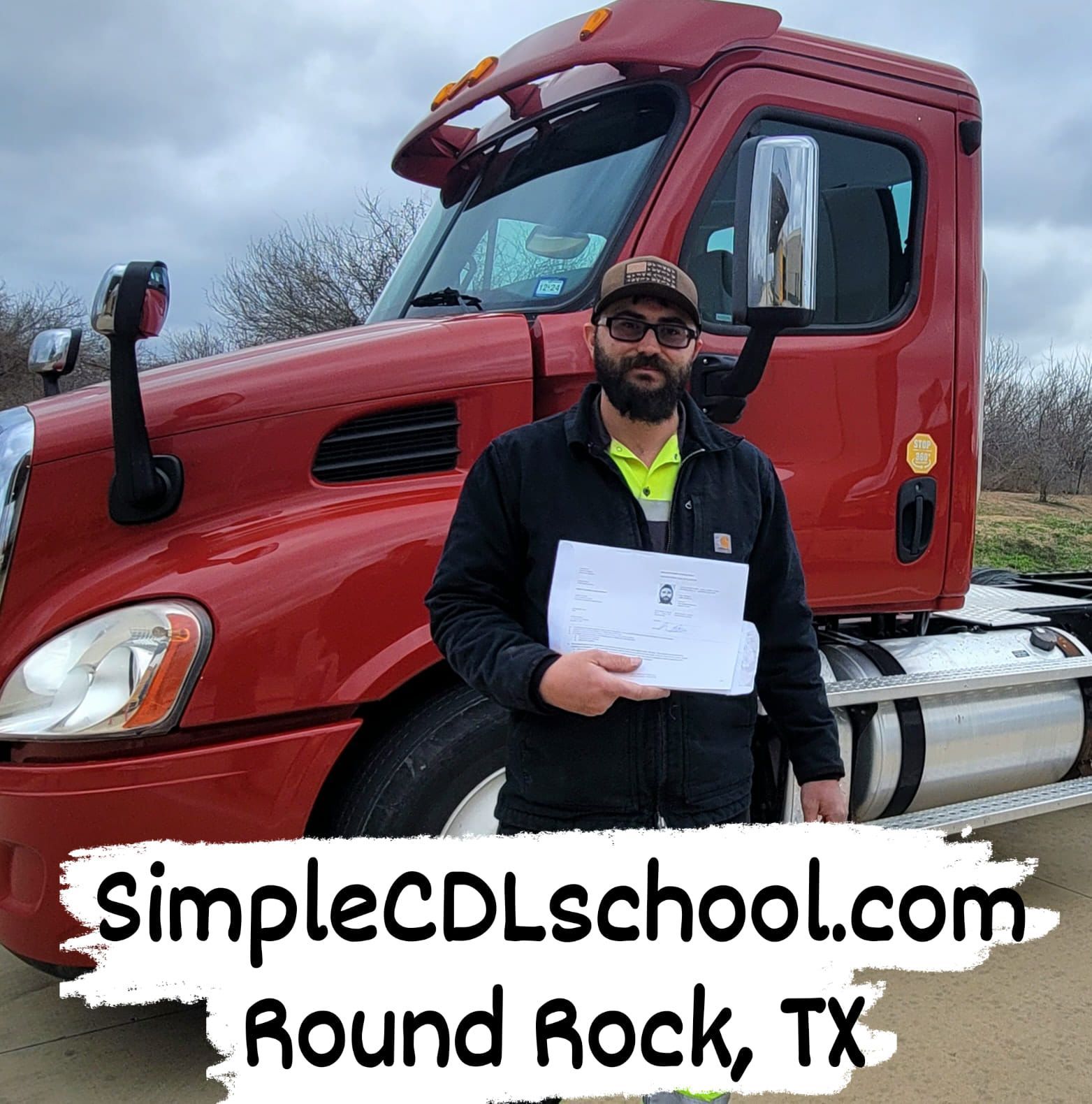 A person holds a document while standing in front of a red semi-truck. Text overlay says SimpleCDLschool.com, Round Rock, TX.
