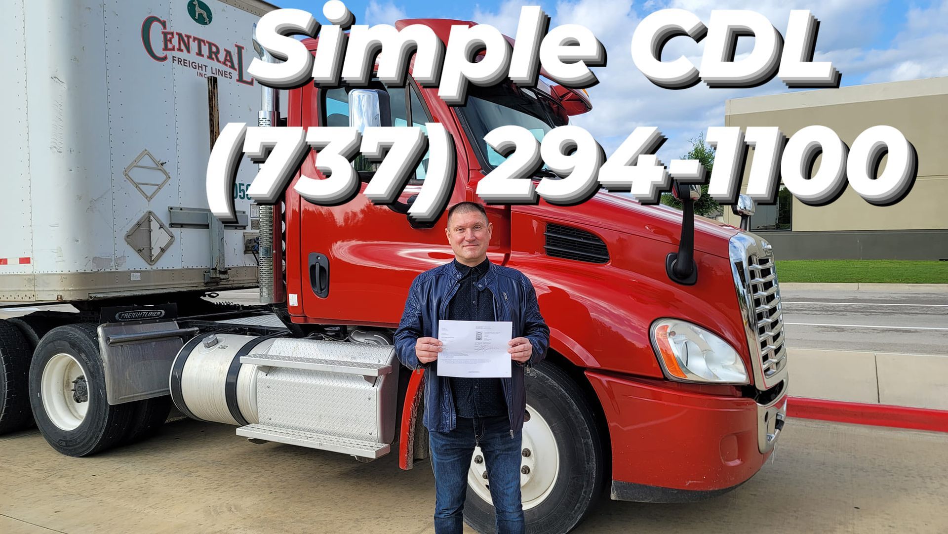 A person stands in front of a red semi-truck holding a document. Text overlay reads 