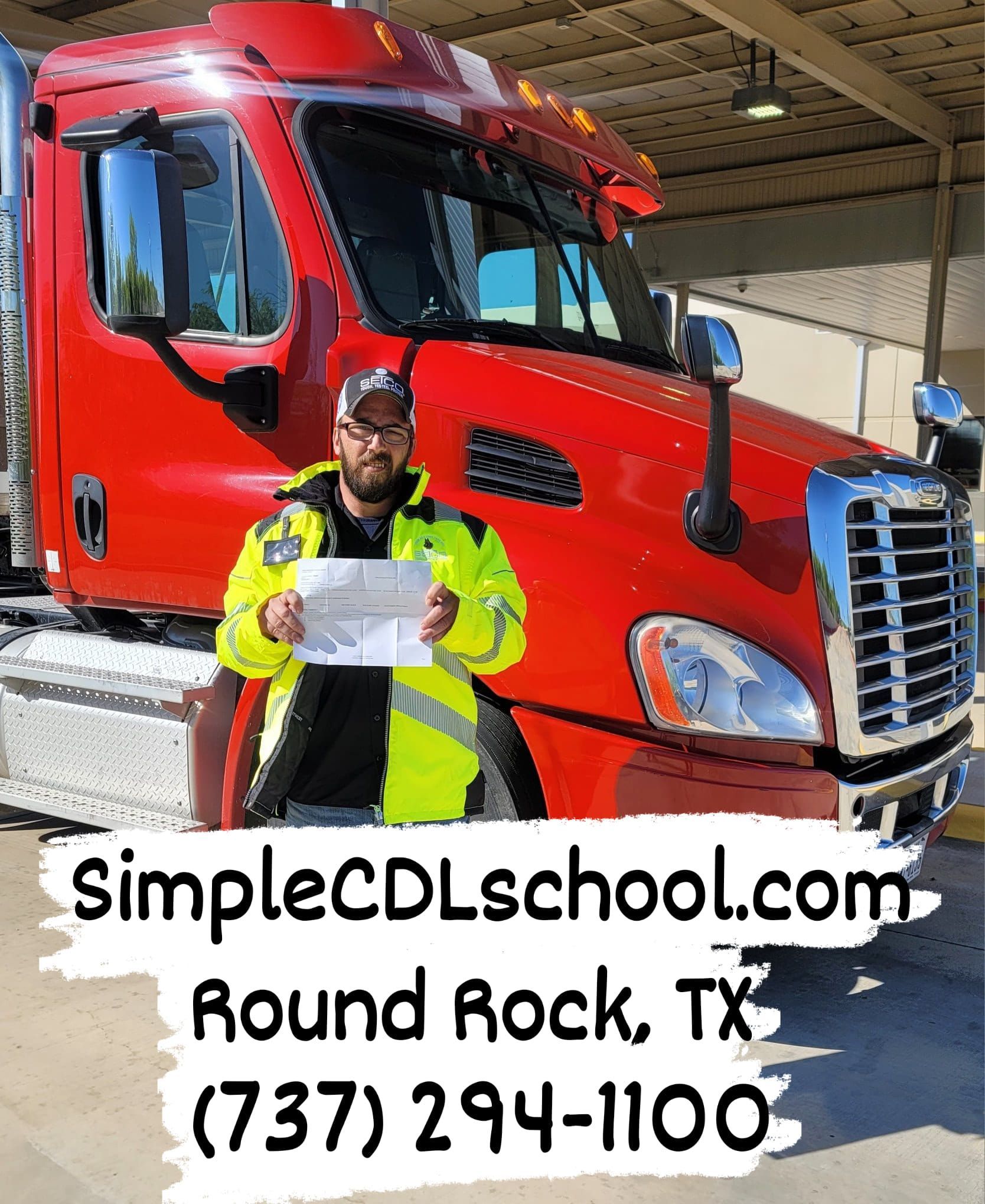 A person in a neon yellow jacket stands in front of a red semi-truck, holding a paper. Business info is overlaid below.