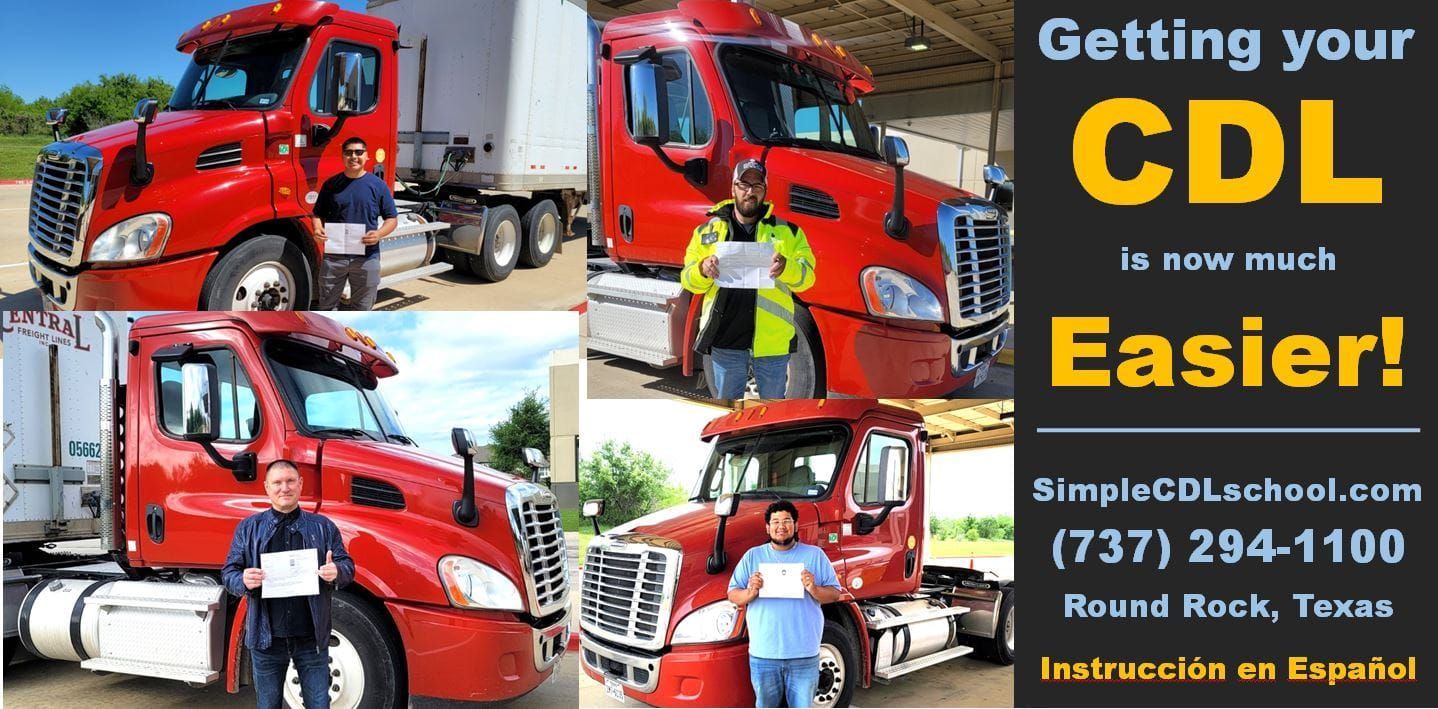 Four people standing with certificates in front of red semi-trucks with CDL school contact information on the right.