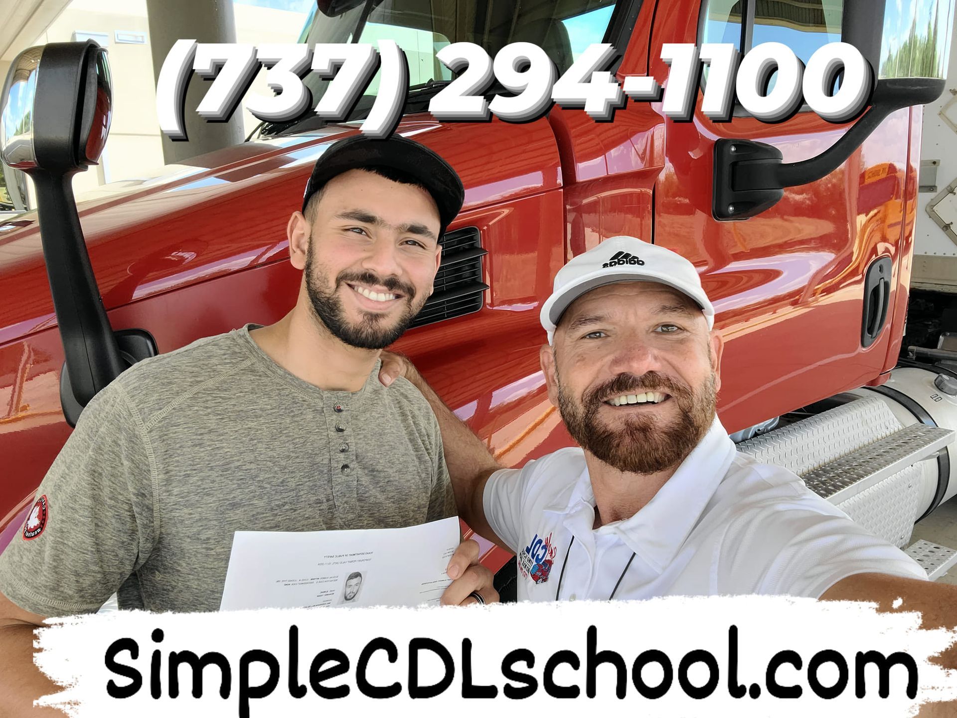 Two smiling men stand in front of a red semi-truck, holding a document, with website and phone number text overlaid.