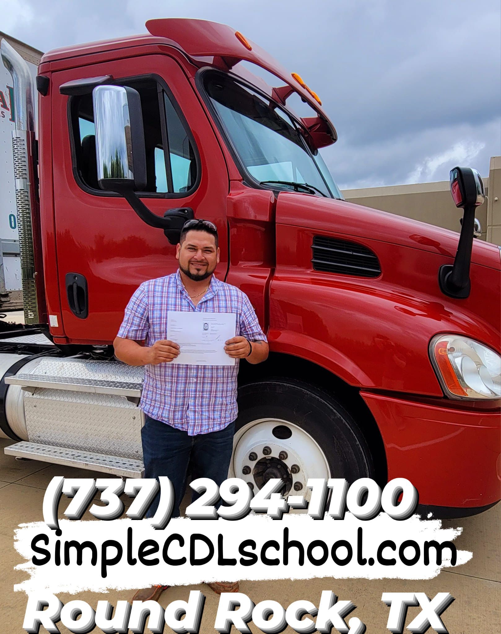 A smiling person holds a certificate in front of a red semi-truck. Text lists phone number, website, and Round Rock, TX.