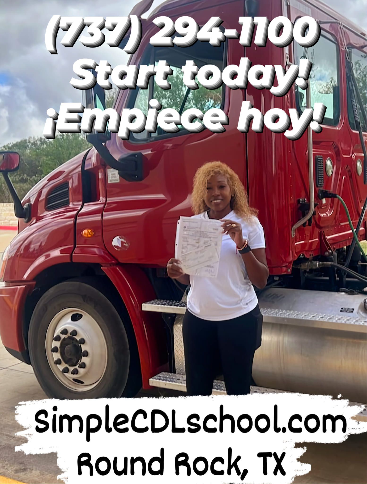 A woman holding a document stands in front of a red semi-truck. Text provides contact info for SimpleCDLschool.com.