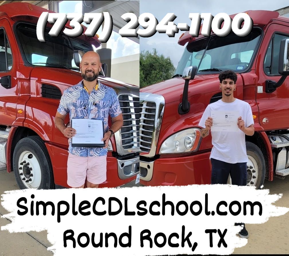Two people holding certificates in front of red semi-trucks at Simple CDL School in Round Rock, TX. Phone: 737-294-1100.