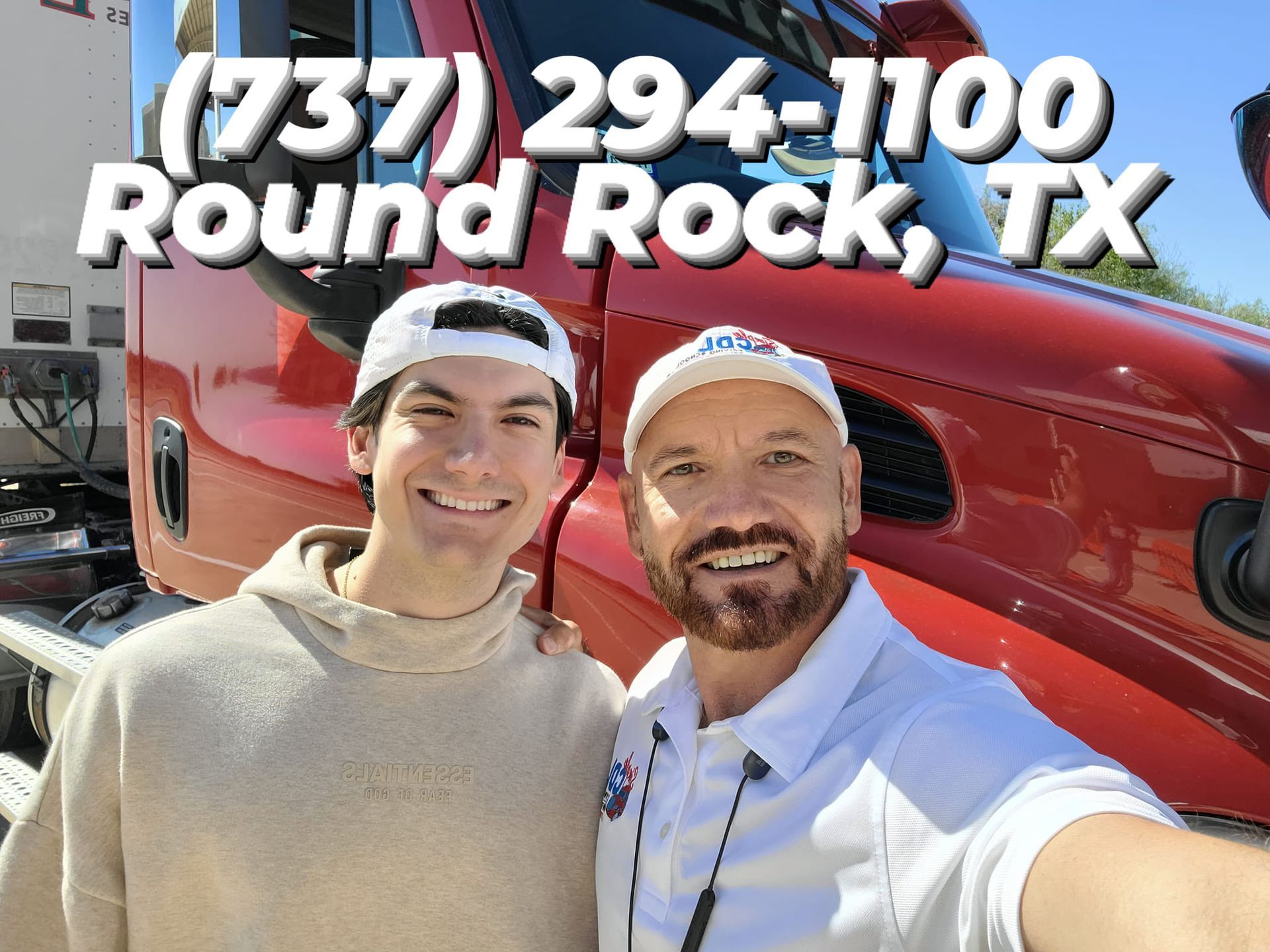 Two people smiling in front of a red truck in Round Rock, TX with the phone number (737) 294-1100 displayed above.