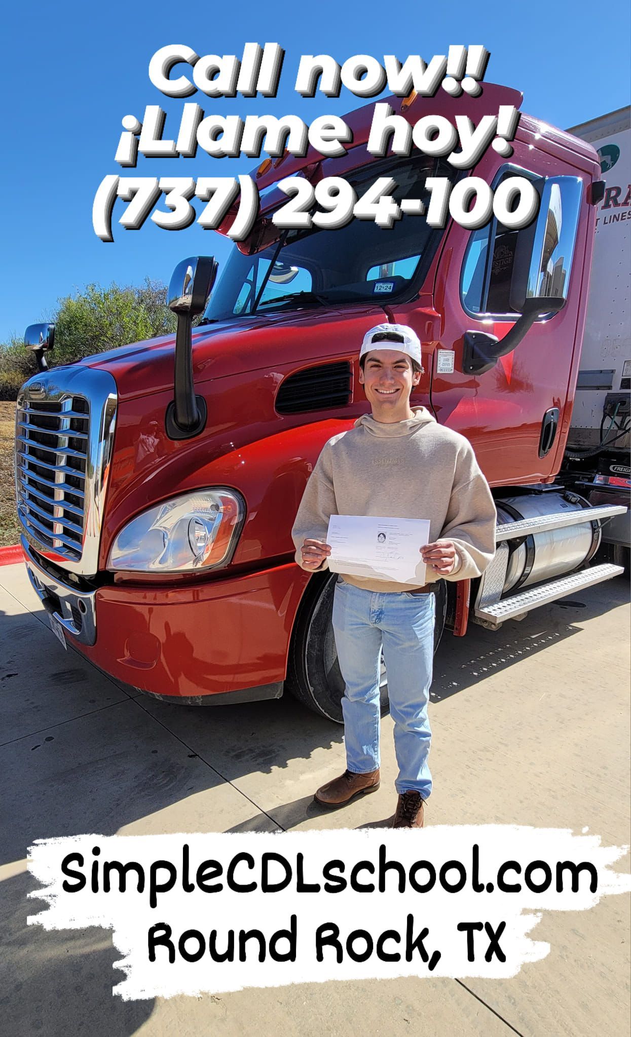 A person stands in front of a red semi-truck. Text overlay provides contact information and Round Rock, TX location.