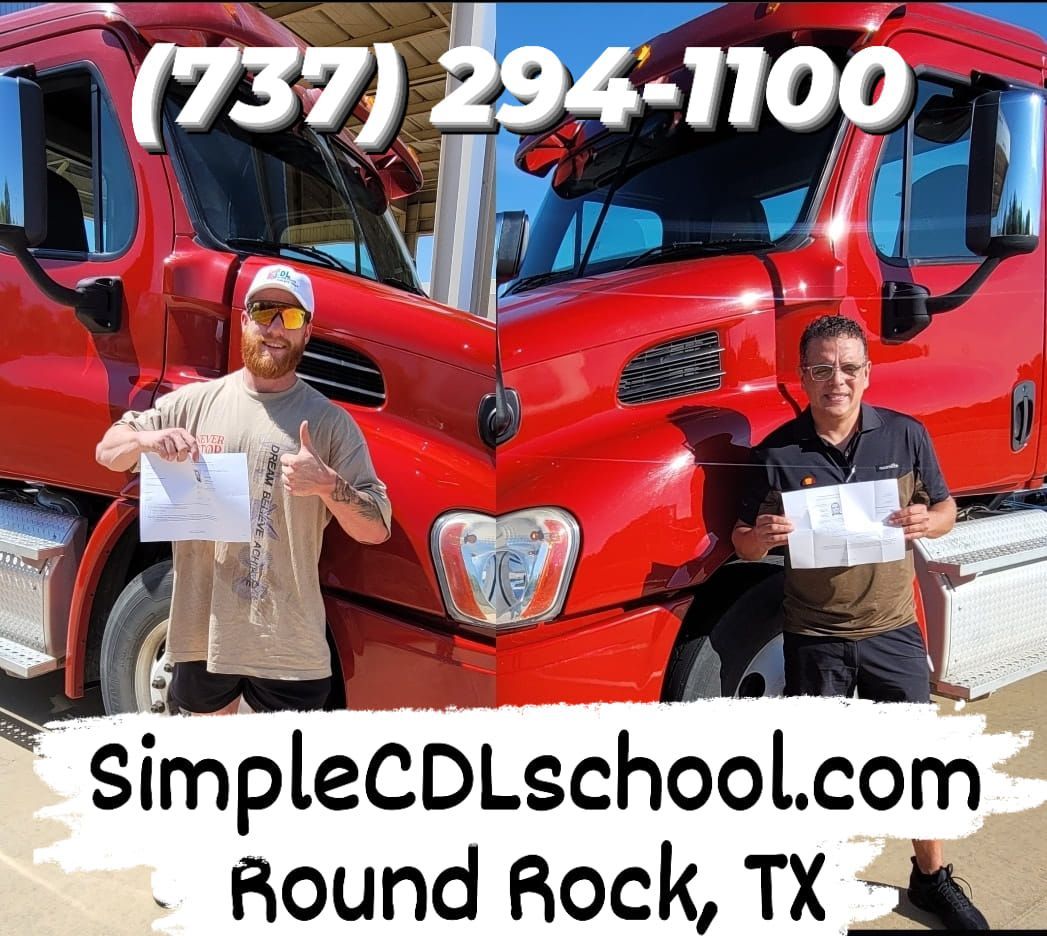 Two people standing in front of a red semi-truck holding certificates, with text for SimpleCDLschool.com in Round Rock, TX.