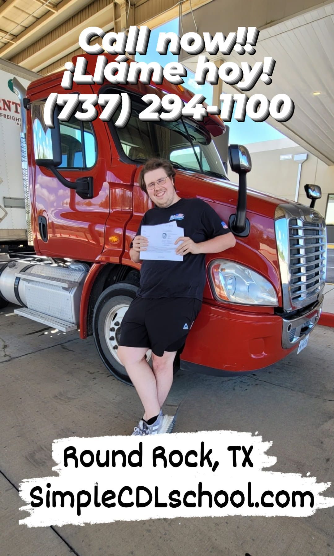A person stands smiling in front of a red semi-truck at a gas station, holding a paper. Text includes phone and website.