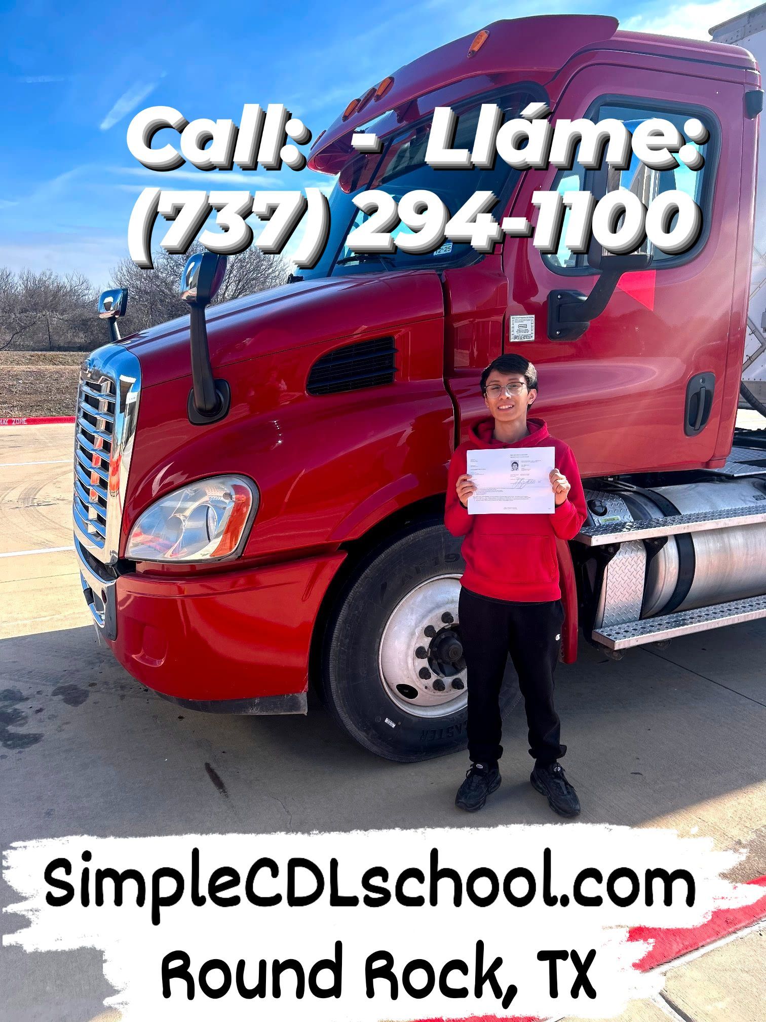 A person stands in front of a red semi-truck holding a document. Text provides contact info for SimpleCDLschool.com in TX.