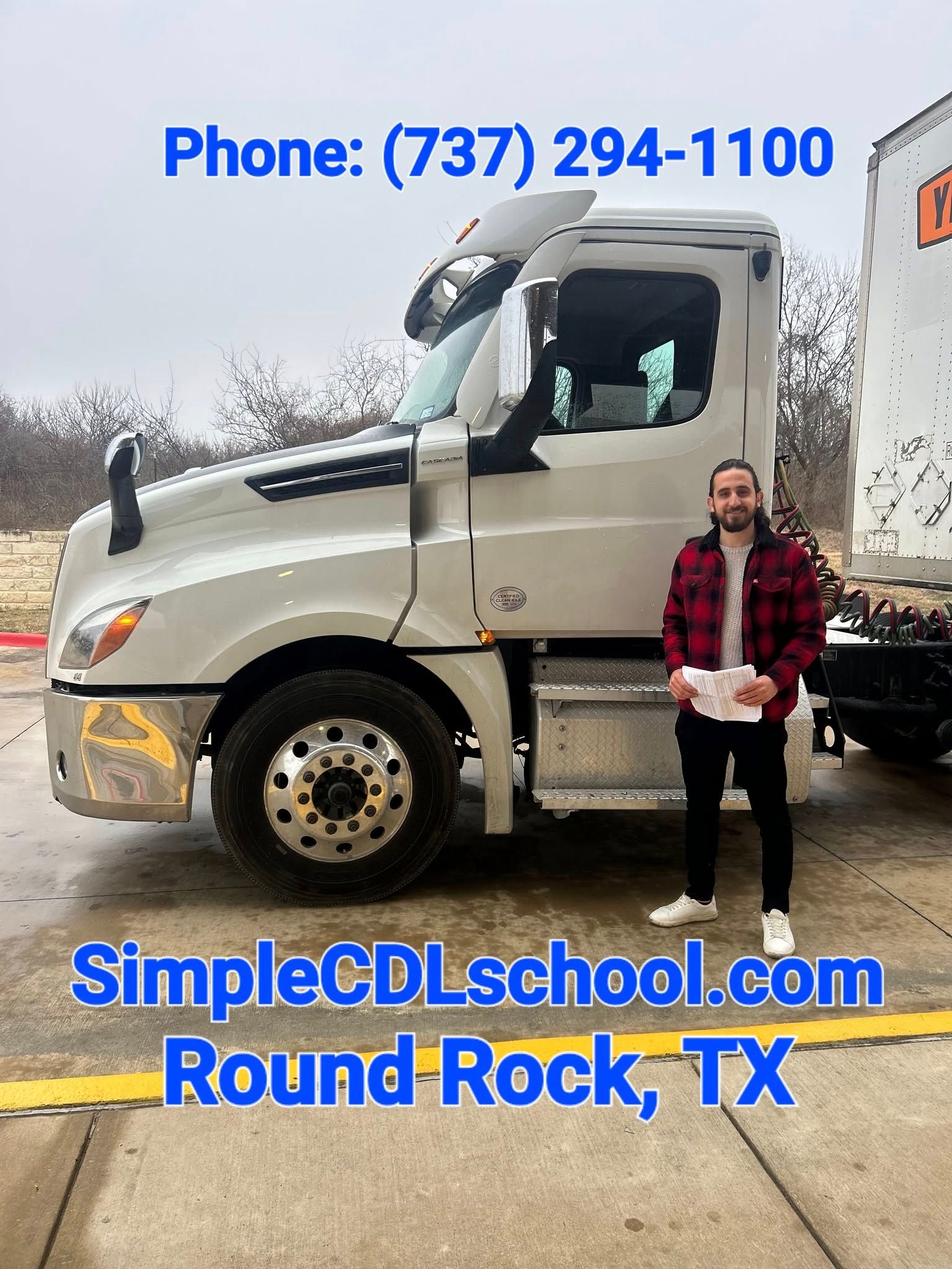 A person stands next to a white semi-truck at SimpleCDLschool.com in Round Rock, TX. Phone: (737) 294-1100.
