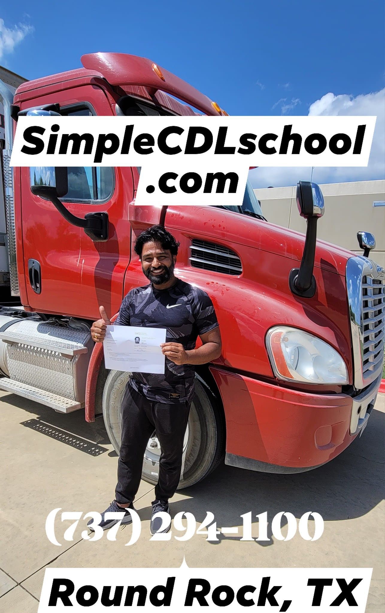 A smiling student stands holding a certificate in front of a red semi-truck for SimpleCDLschool.com in Round Rock, TX.