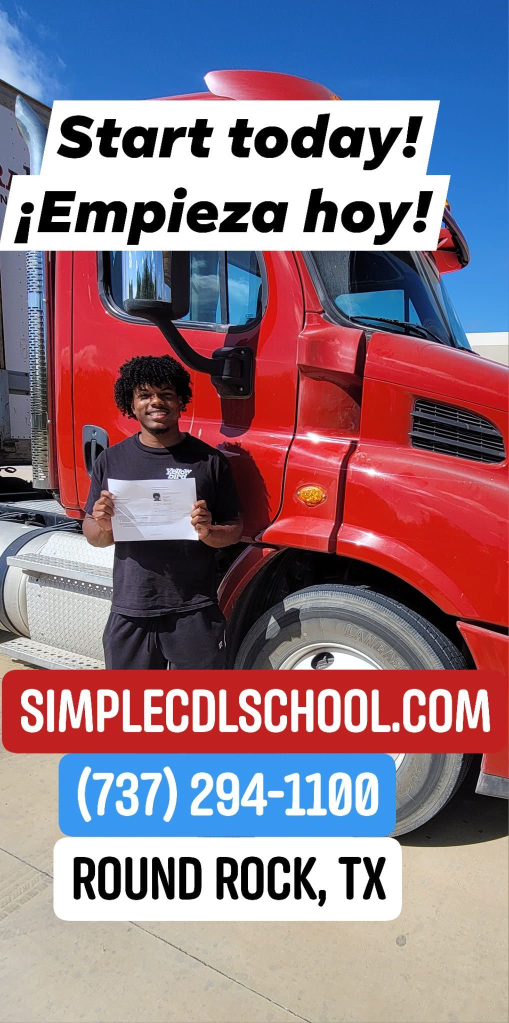 A person holding a certificate in front of a red semi-truck. Text promotes a CDL school in Round Rock, TX.