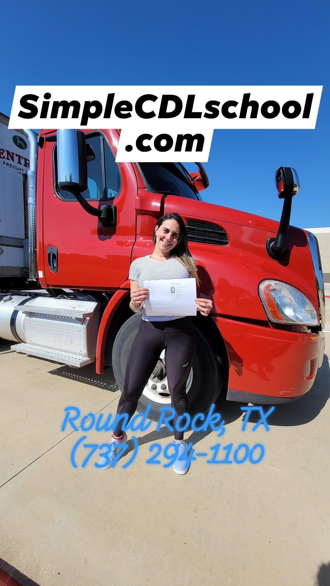 Person stands by red semi-truck holding a paper, with SimpleCDLschool.com, Round Rock TX, and (737) 294-1100 displayed.
