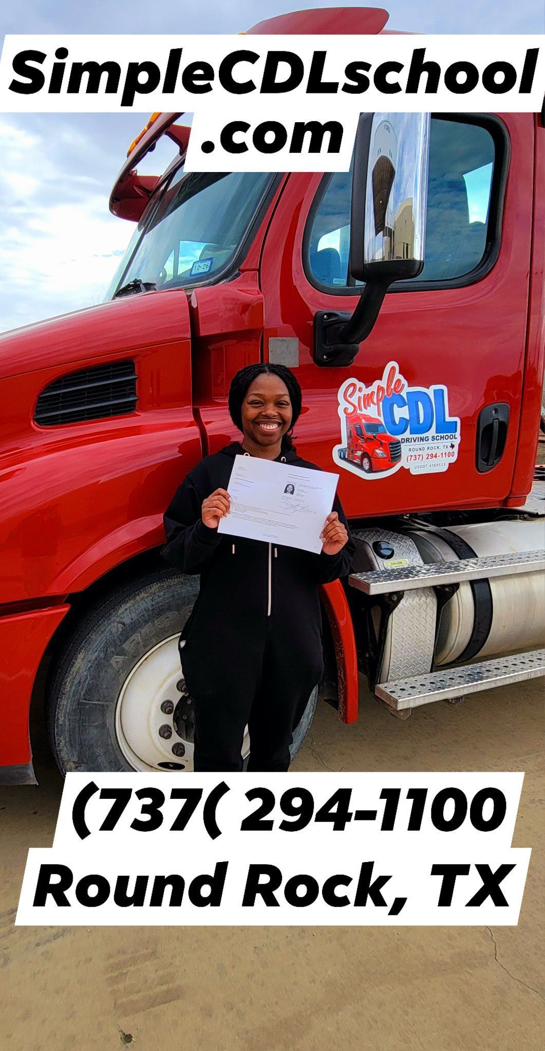 A person holding a certificate in front of a red semi-truck at SimpleCDLschool.com in Round Rock, TX.